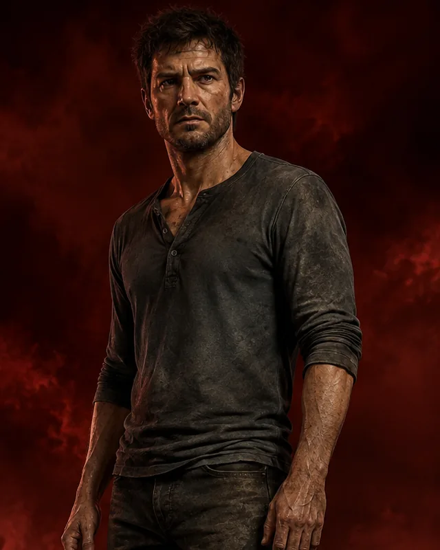Dalton, a weathered man in a charcoal henley with ash on his face