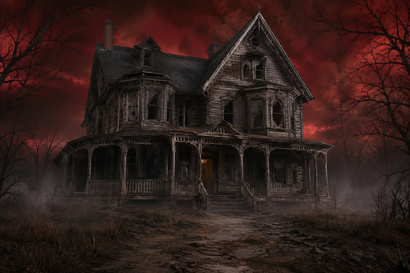 The house: a decayed two-story Victorian under a red sky in Hell, a warm light deep inside the doorway