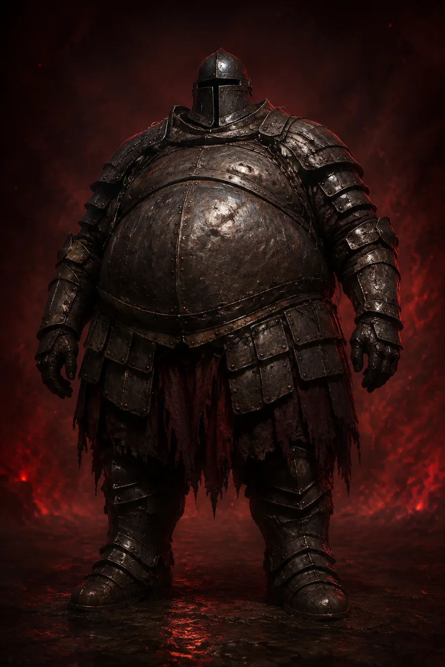 The Warden: an enormous armored knight in scorched, pitted iron plate with a small closed helmet